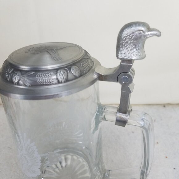 Bald Eagle Beer‎ Stein Mug Etched Glass Pewter Domex Germany Vintage - Picture 8 of 10